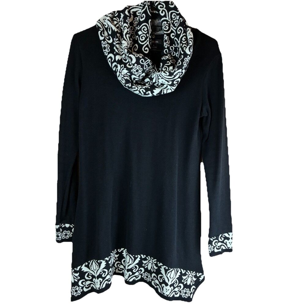 Style&Co Sweater Women’s Size S Black White Tunic Button On Funnel Neck Scarf